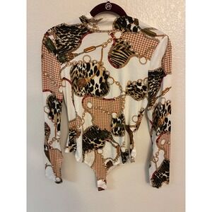 Iris Womens Mock Neck Long Sleeve Bodysuit Leopard Gold Chain Print White Large